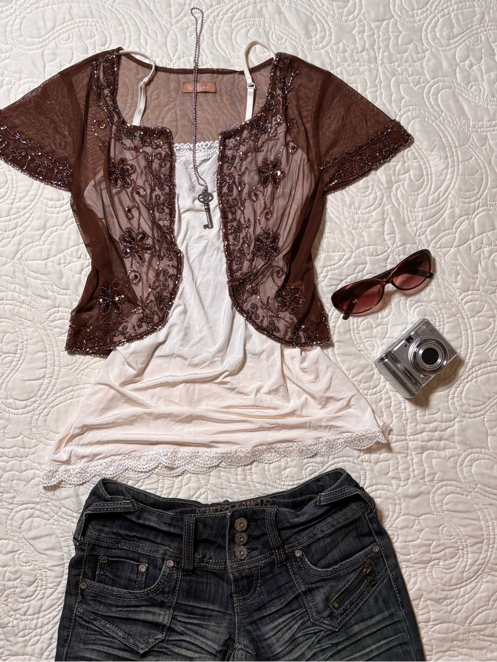Forever 21 Brown Beaded Sheer Bolero with Cream Tank